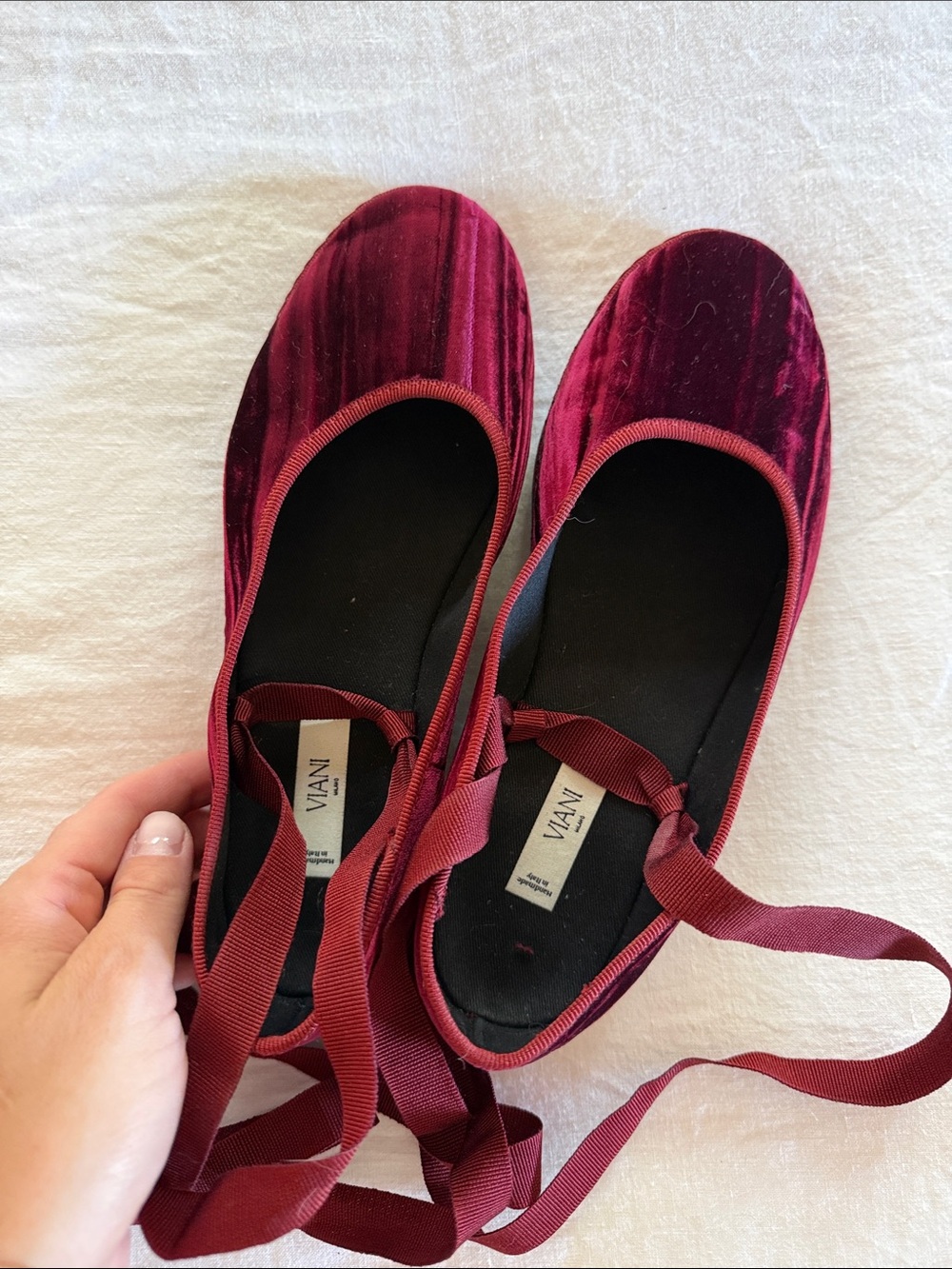 VIAH Velvet Burgundy Ballet Flats with Ankle Ribbon